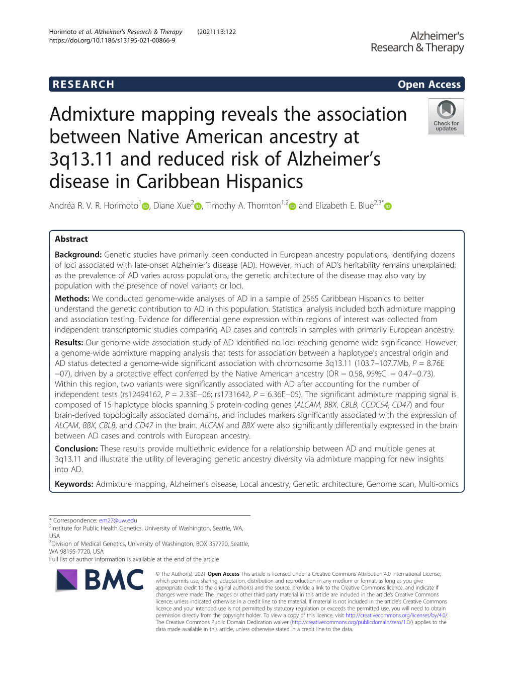 Admixture Mapping Reveals the Association Between Native American Ancestry at 3Q13.11 and Reduced Risk of Alzheimer’S Disease in Caribbean Hispanics Andréa R