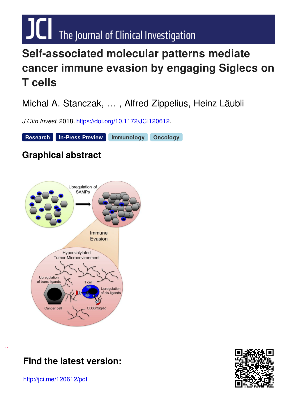Self-Associated Molecular Patterns Mediate Cancer Immune Evasion