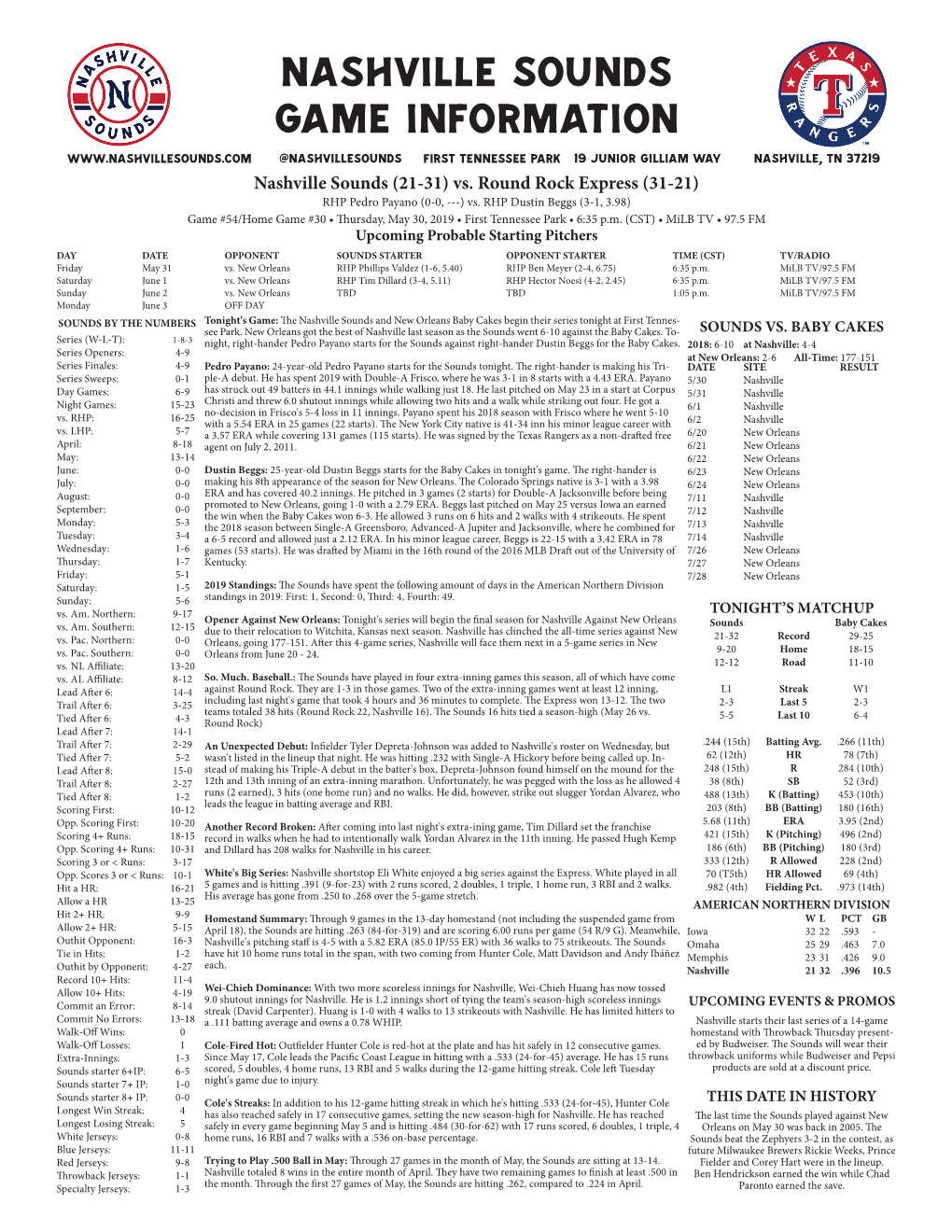 Nashville Sounds Game Information @Nashvillesounds First Tennessee Park 19 Junior Gilliam Way Nashville, TN 37219 Nashville Sounds (21-31) Vs