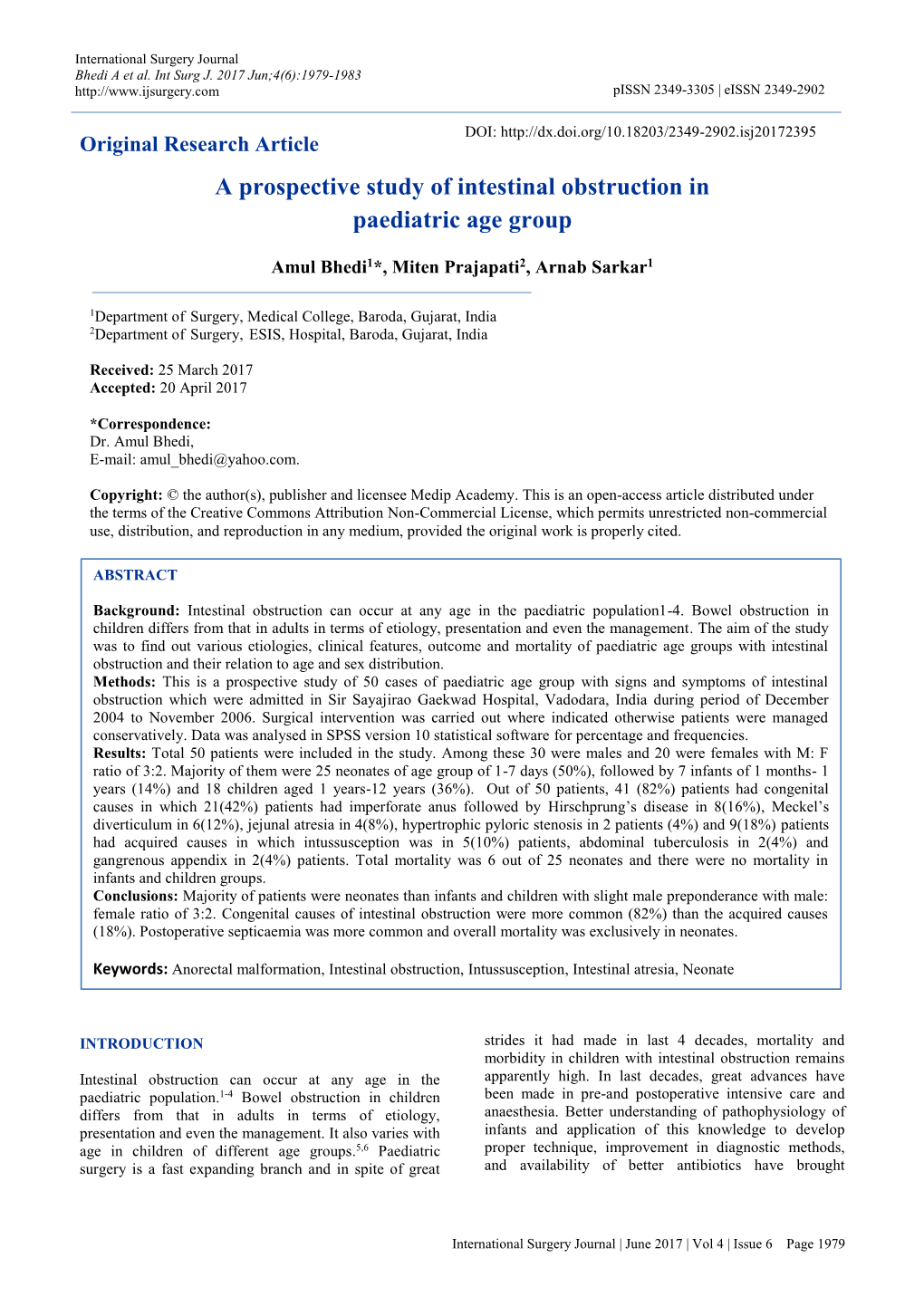 A Prospective Study of Intestinal Obstruction in Paediatric Age Group
