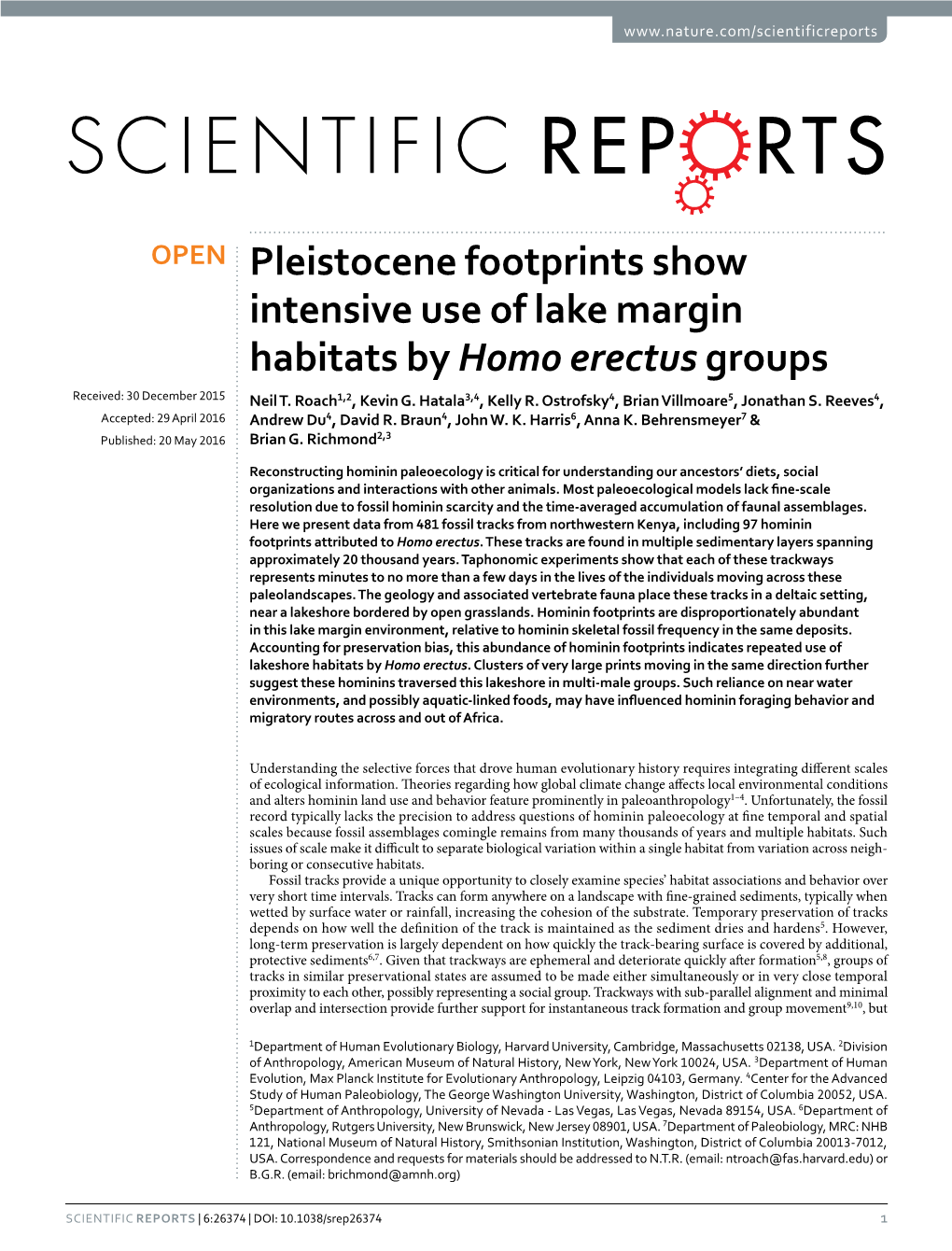 Pleistocene Footprints Show Intensive Use of Lake Margin Habitats by Homo Erectus Groups Received: 30 December 2015 Neil T