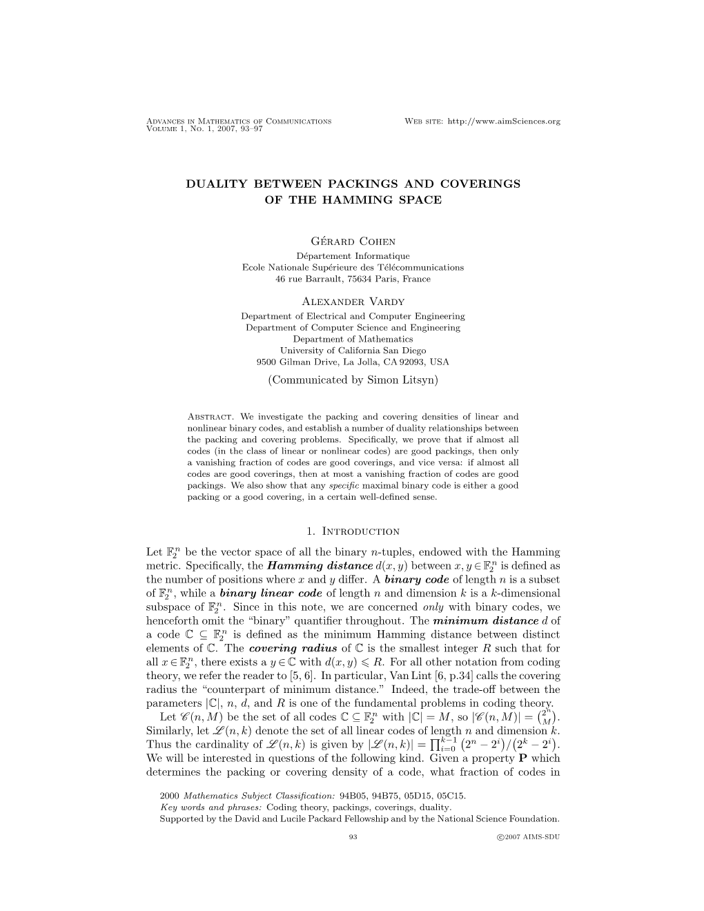 Duality Between Packings and Coverings of the Hamming Space