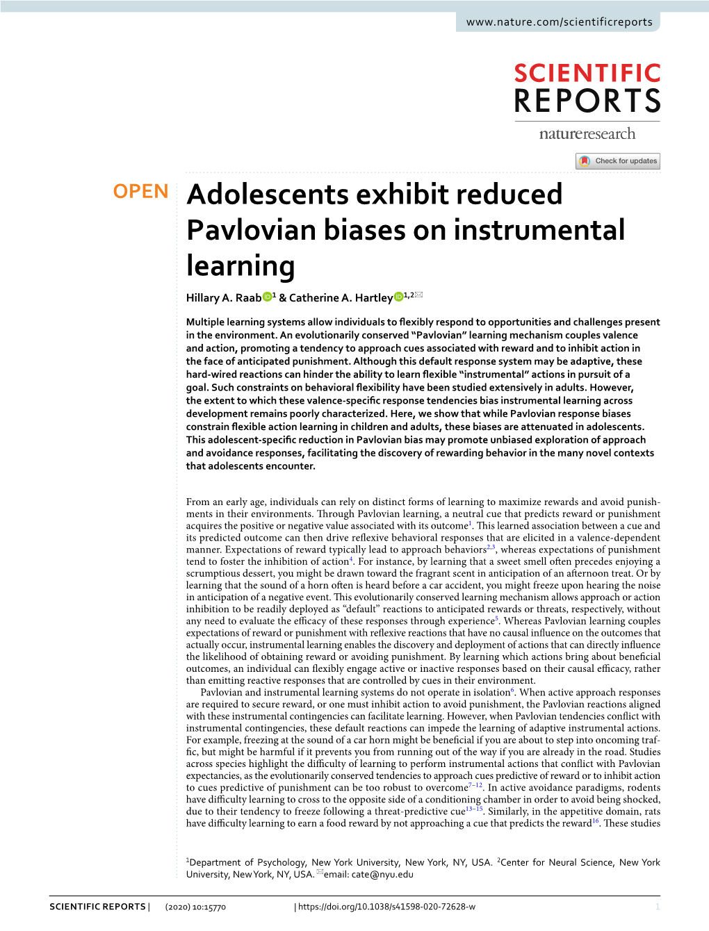 Adolescents Exhibit Reduced Pavlovian Biases on Instrumental Learning Hillary A
