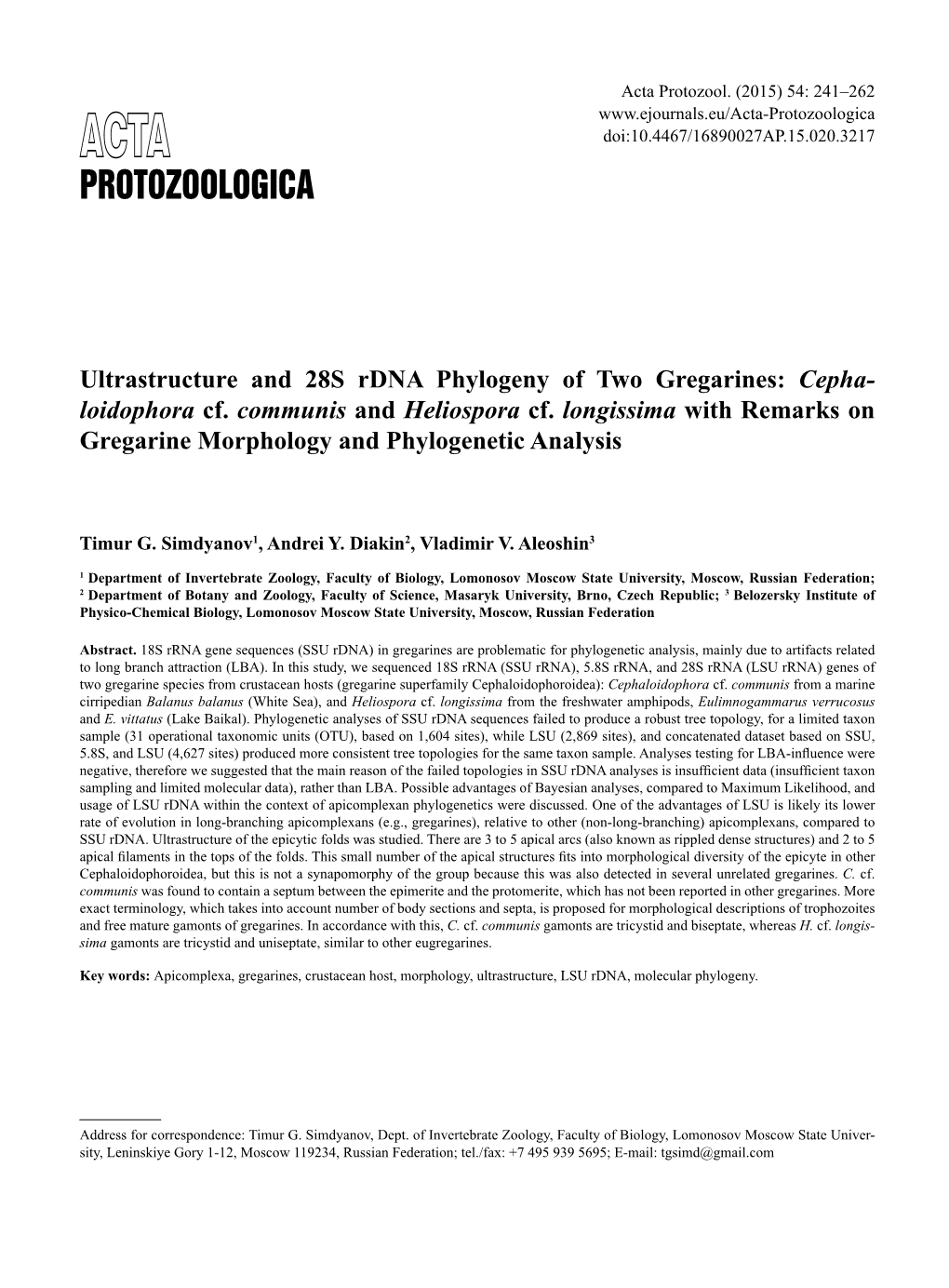 Protozoologica Acta Doi:10.4467/16890027AP.15.020.3217 Protozoologica