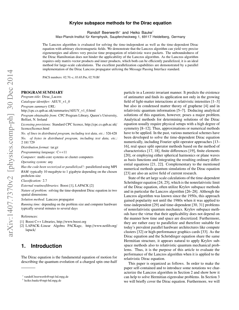 Krylov Subspace Methods for the Dirac Equation