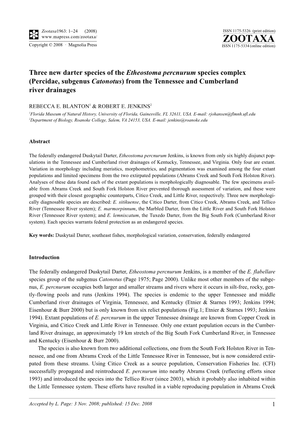 Zootaxa, Three New Darter Species of the Etheostoma Percnurum