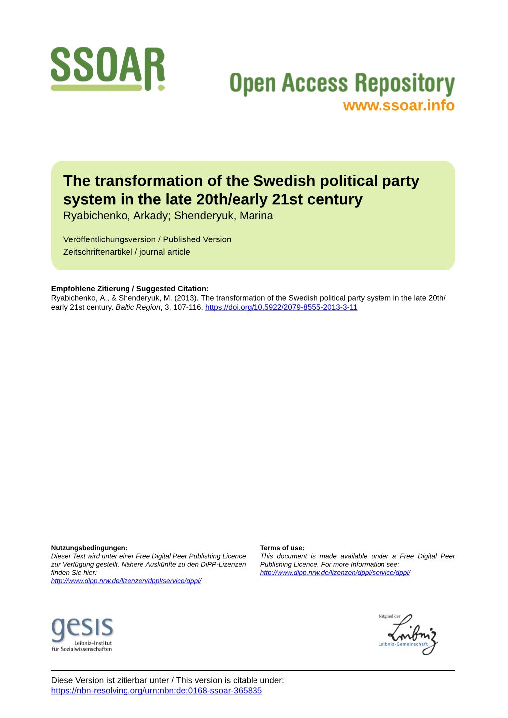 The Transformation of the Swedish Political Party System in the Late 20Th/Early 21St Century Ryabichenko, Arkady; Shenderyuk, Marina