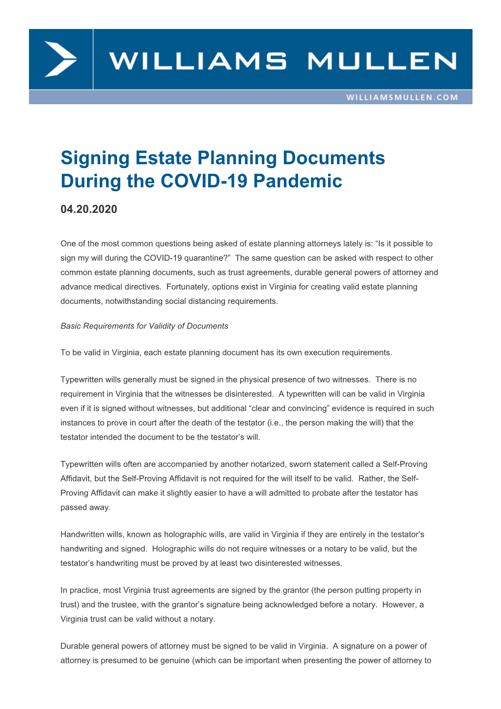 Signing Estate Planning Documents During the COVID-19 Pandemic