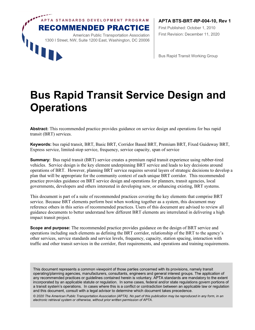 Bus Rapid Transit Service Design and Operations