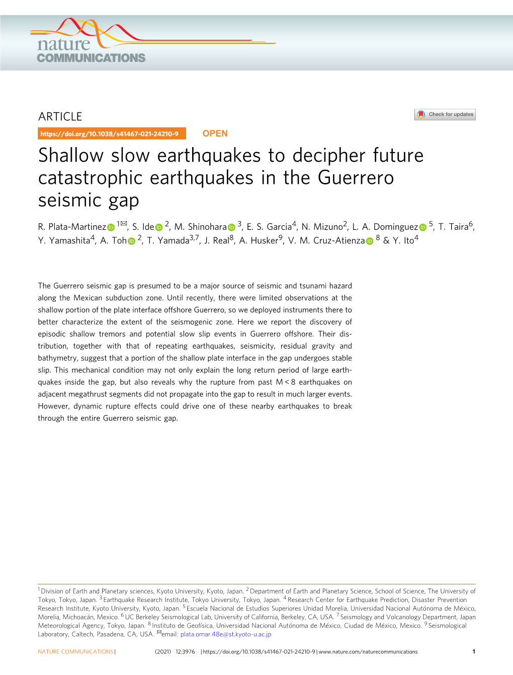 Shallow Slow Earthquakes to Decipher Future Catastrophic Earthquakes in the Guerrero Seismic Gap ✉ R
