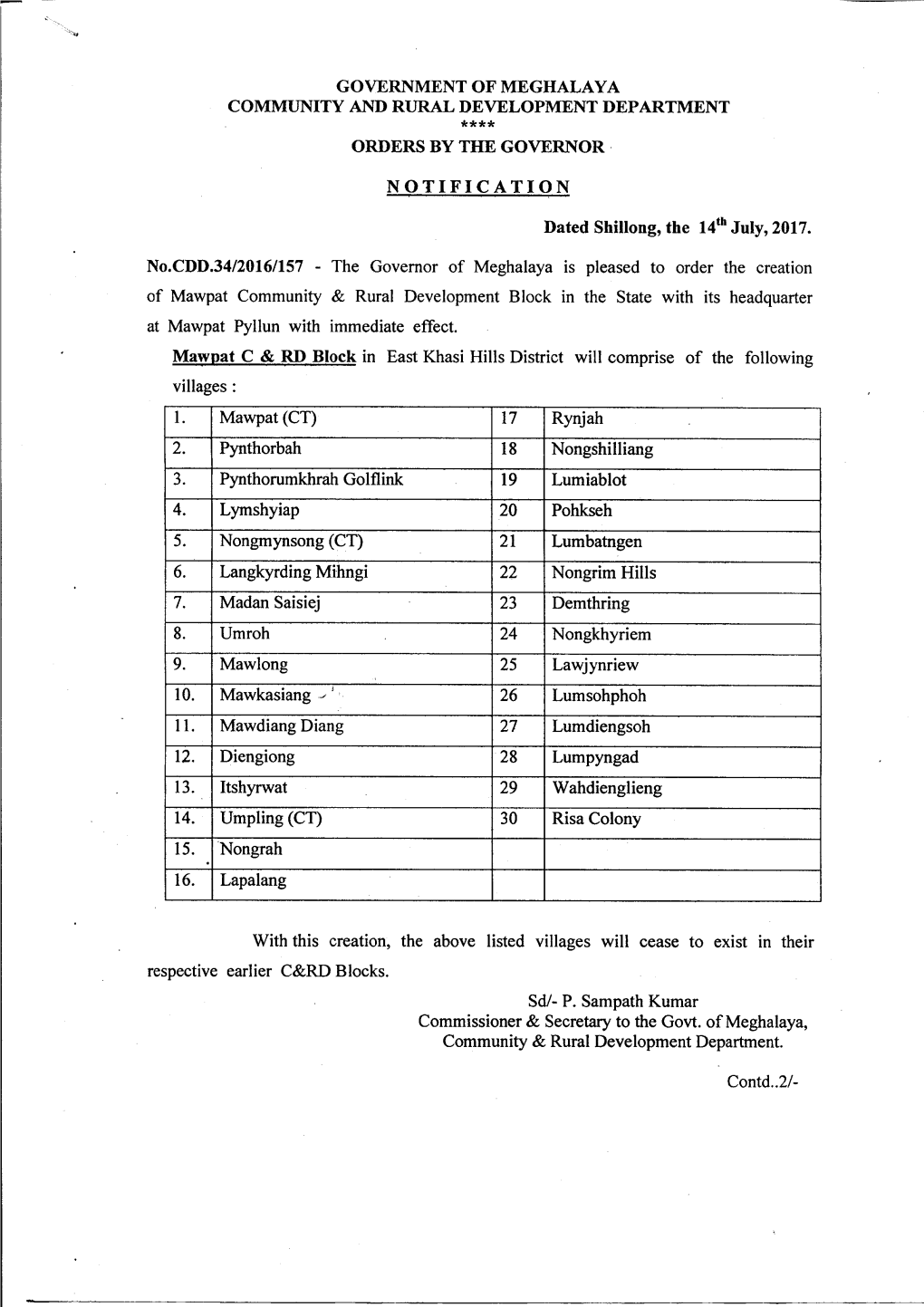 Creation of Mawpat Community & Rural Development Block in East