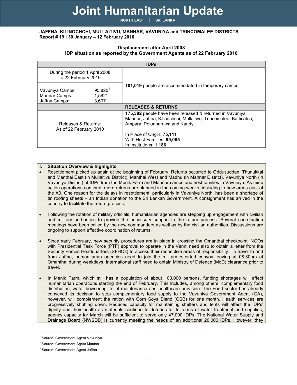 Joint Humanitarian Update NORTH EAST | SRI LANKA