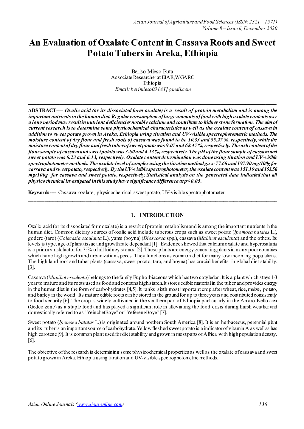 An Evaluation of Oxalate Content in Cassava Roots and Sweet Potato Tubers in Areka, Ethiopia