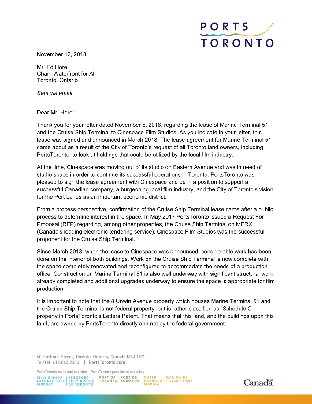 Letter from Portstoronto CEO Geoffrey Wilson to Ed Hore, Chair Of