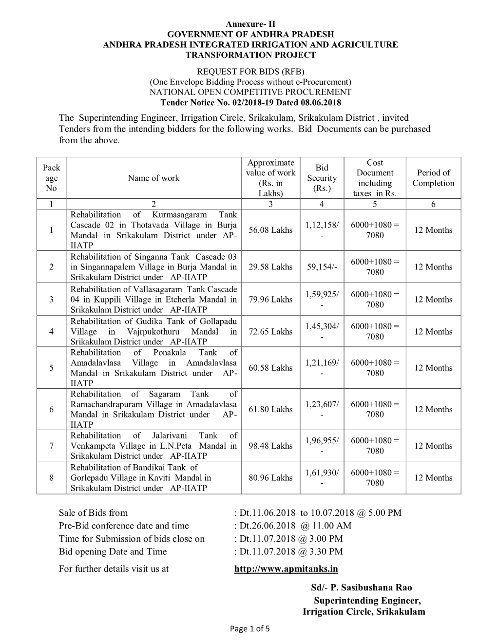 The Superintending Engineer, Irrigation Circle, Srikakulam, Srikakulam District , Invited Tenders from the Intending Bidders for the Following Works