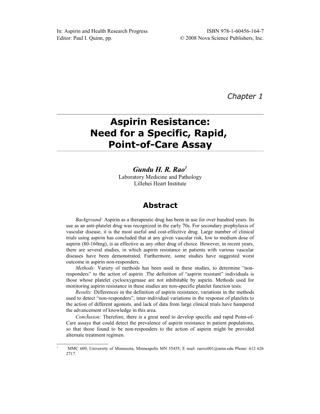 Aspirin Resistance: Need for a Specific, Rapid, Point-Of-Care Assay