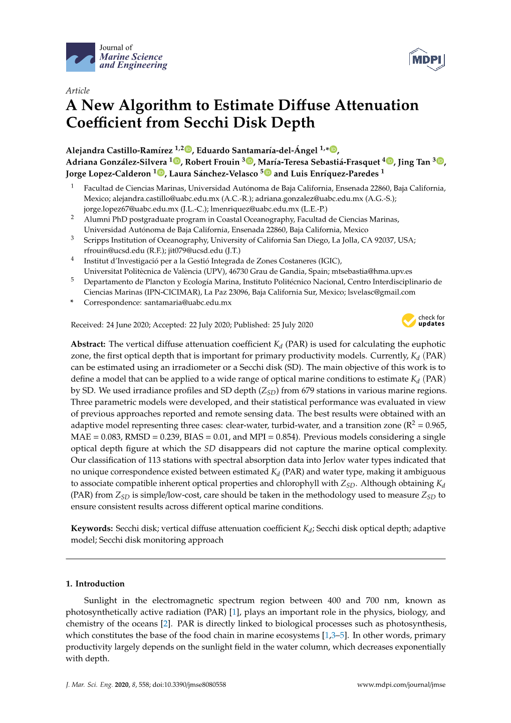 A New Algorithm to Estimate Diffuse Attenuation Coefficient from Secchi