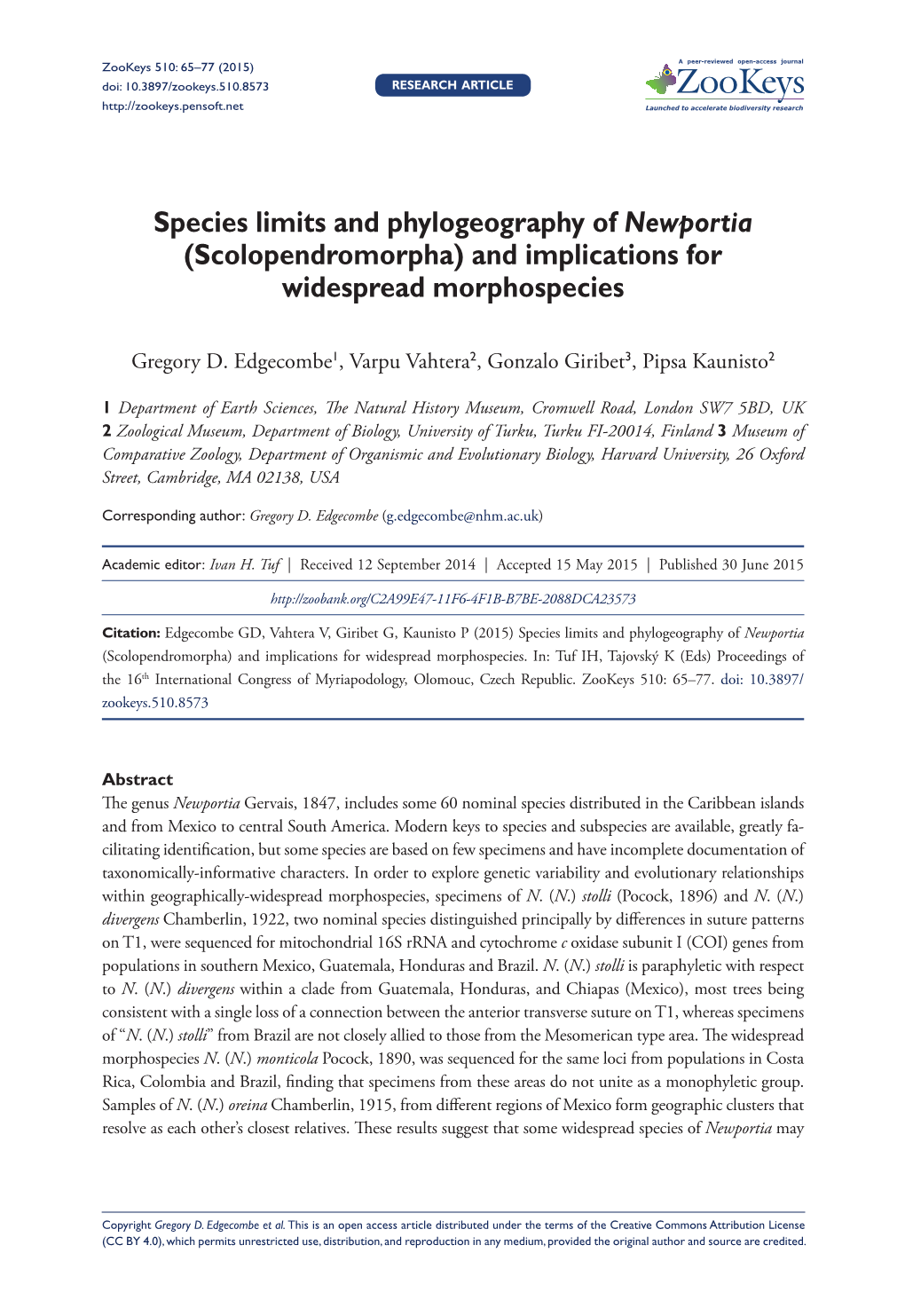 ﻿Species Limits and Phylogeography of Newportia (Scolopendromorpha