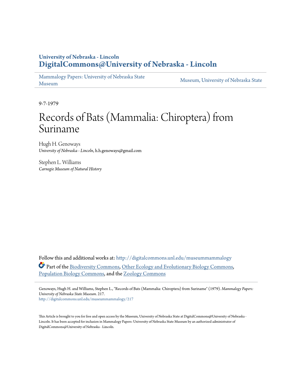 Records of Bats (Mammalia: Chiroptera) from Suriname Hugh H