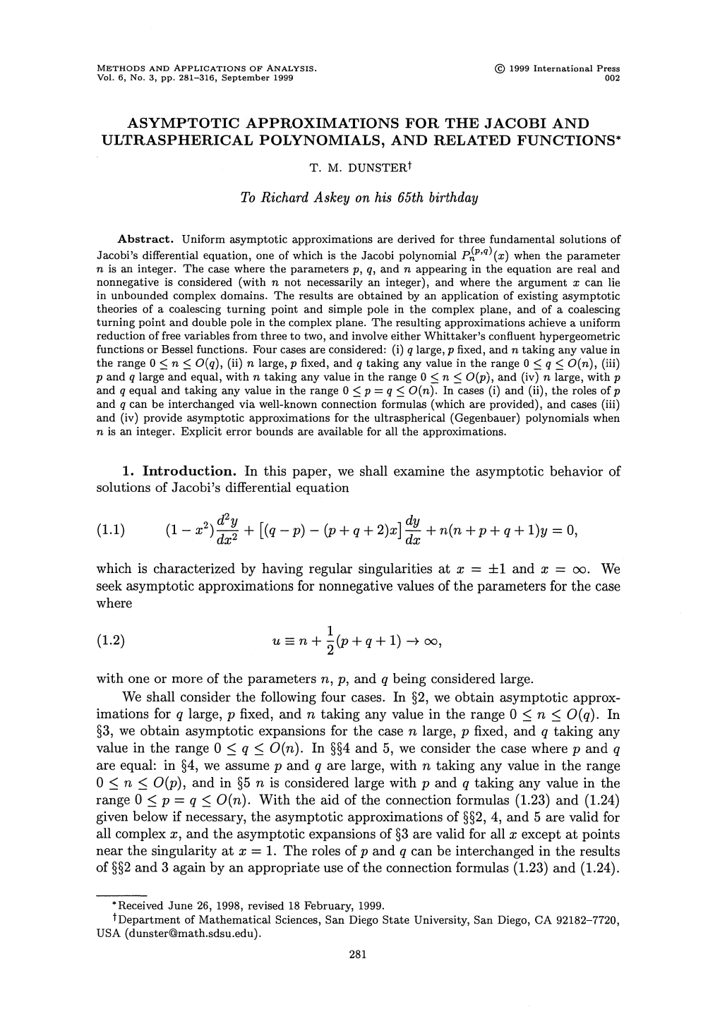 Asymptotic Approximations for the Jacobi and Ultraspherical Polynomials, and Related Functions*