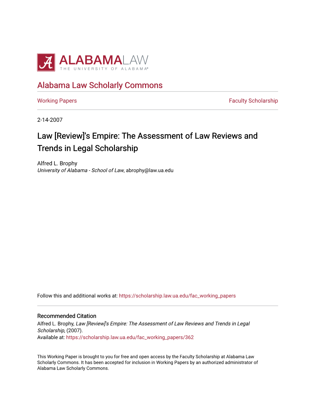 S Empire: the Assessment of Law Reviews and Trends in Legal Scholarship