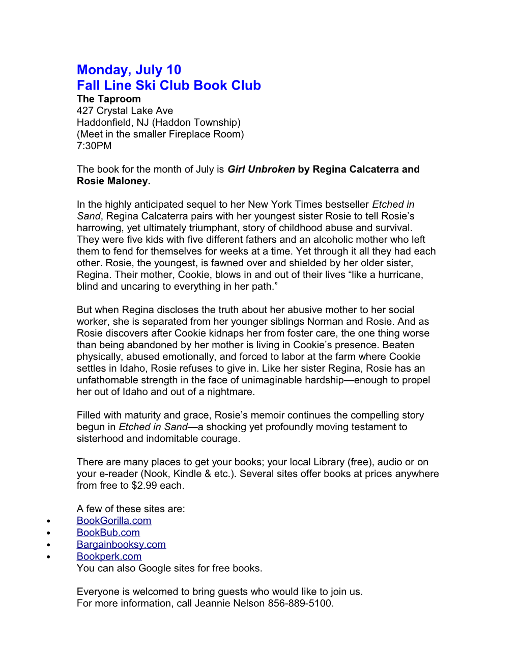 Fall Line Ski Club Book Club