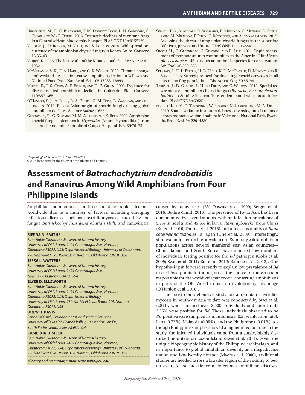 Assessment of Batrachochytrium Dendrobatidis and Ranavirus Among Wild Amphibians from Four Philippine Islands