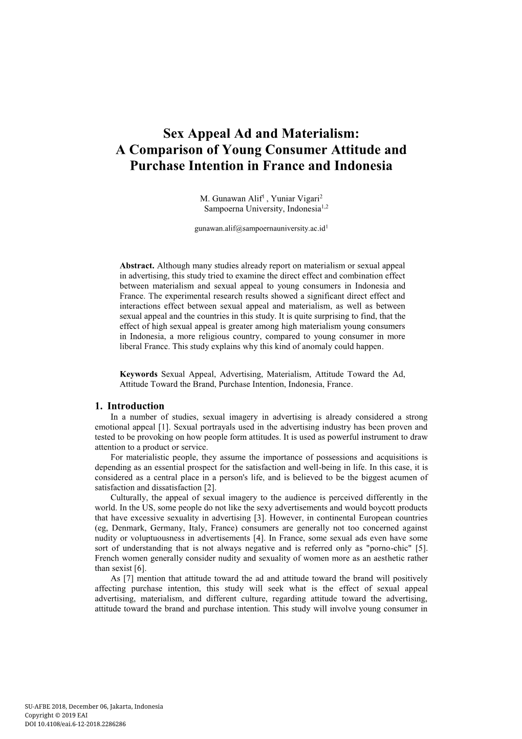 Sex Appeal Ad and Materialism: a Comparison of Young Consumer Attitude and Purchase Intention in France and Indonesia