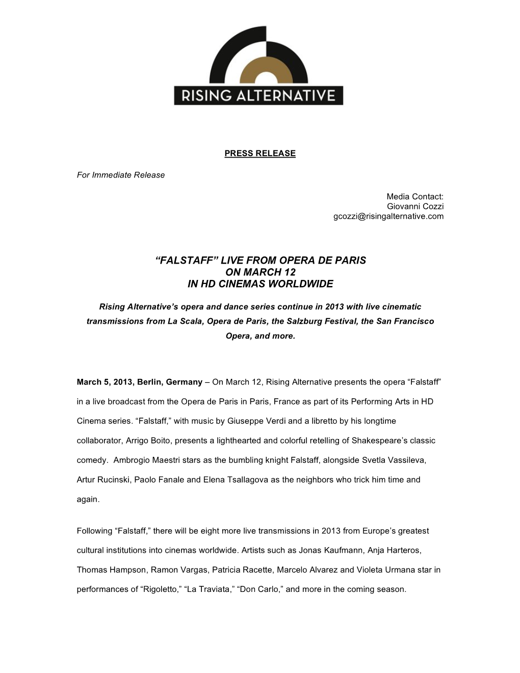 Falstaff Press Release