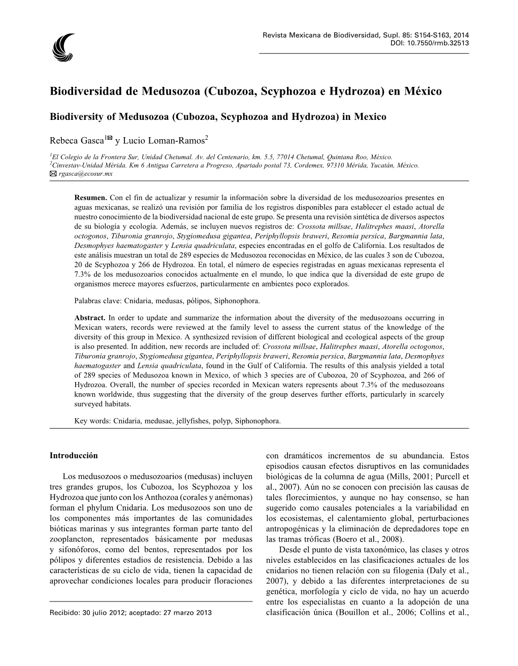 Biodiversidad De Medusozoa (Cubozoa, Scyphozoa E Hydrozoa) En México