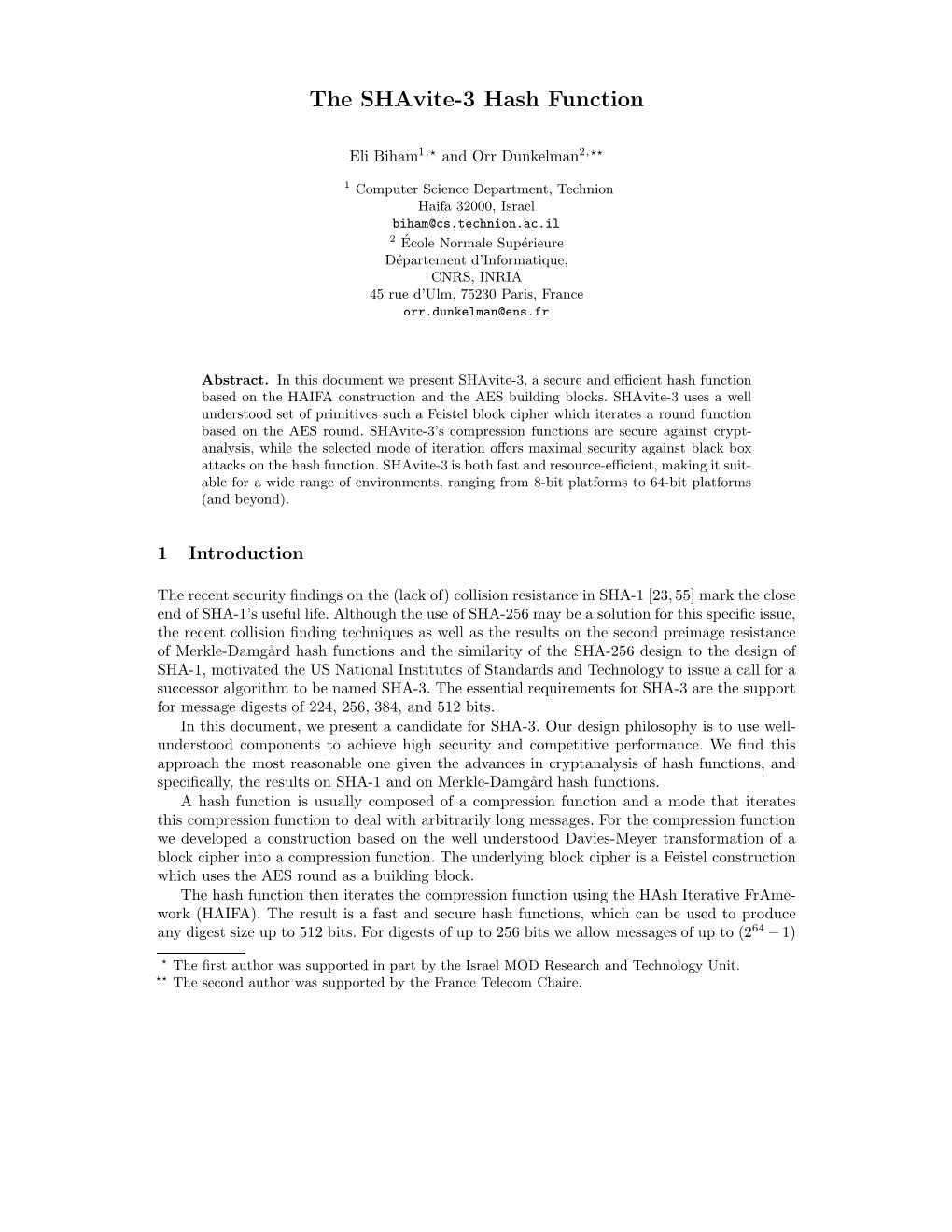 The Shavite-3 Hash Function