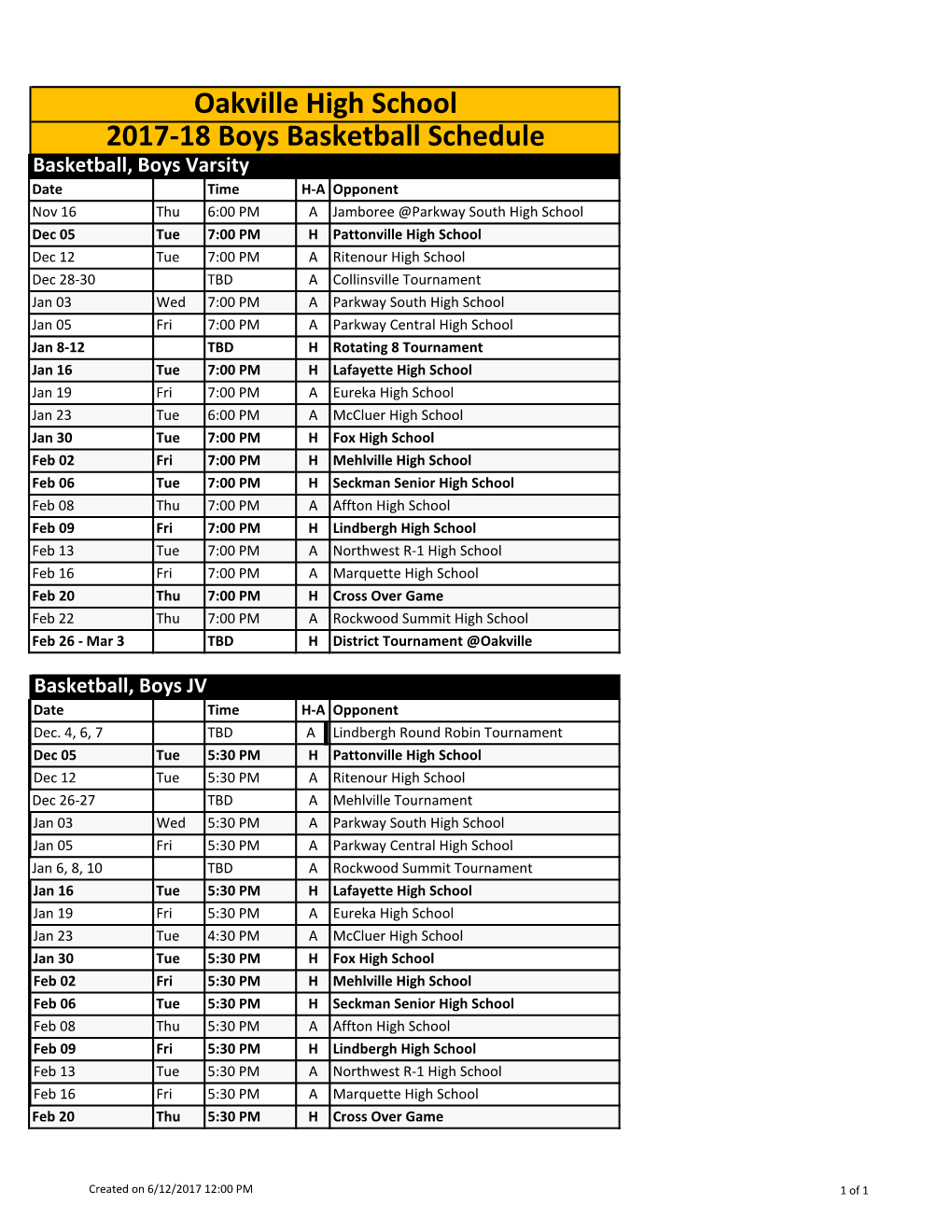 Oakville High School 2017-18 Boys Basketball Schedule