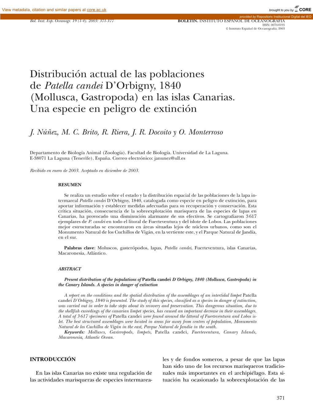 Patella Candei D’Orbigny, 1840 (Mollusca, Gastropoda) En Las Islas Canarias