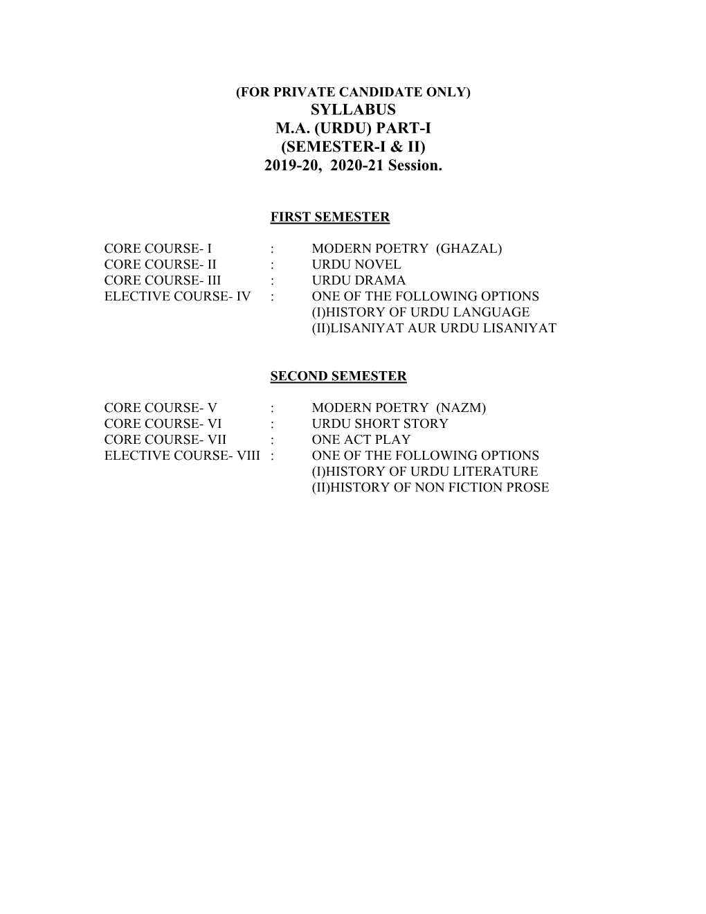 Syllabus Ma (Urdu) Part-I (Semester-I &