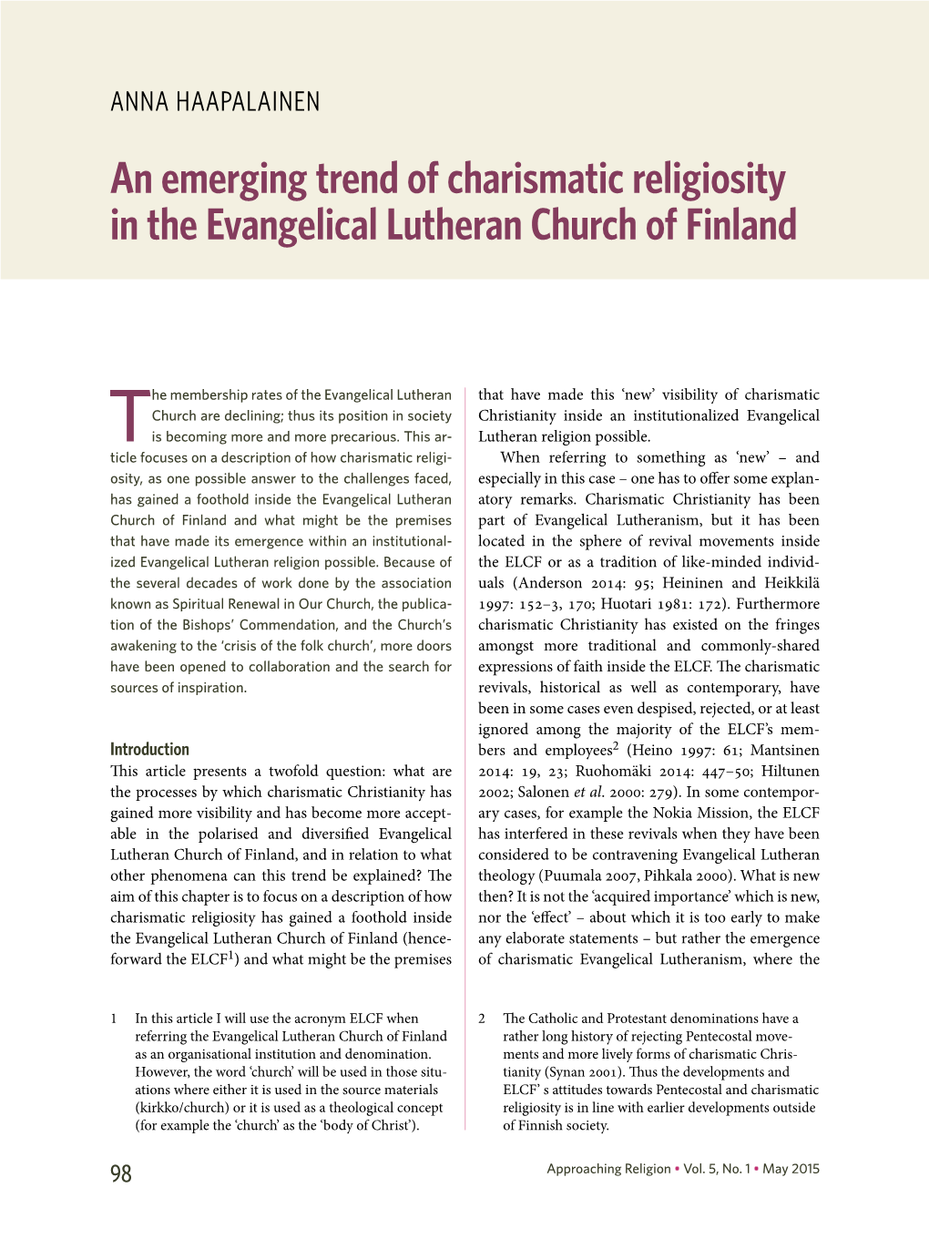 An Emerging Trend of Charismatic Religiosity in the Evangelical Lutheran Church of Finland