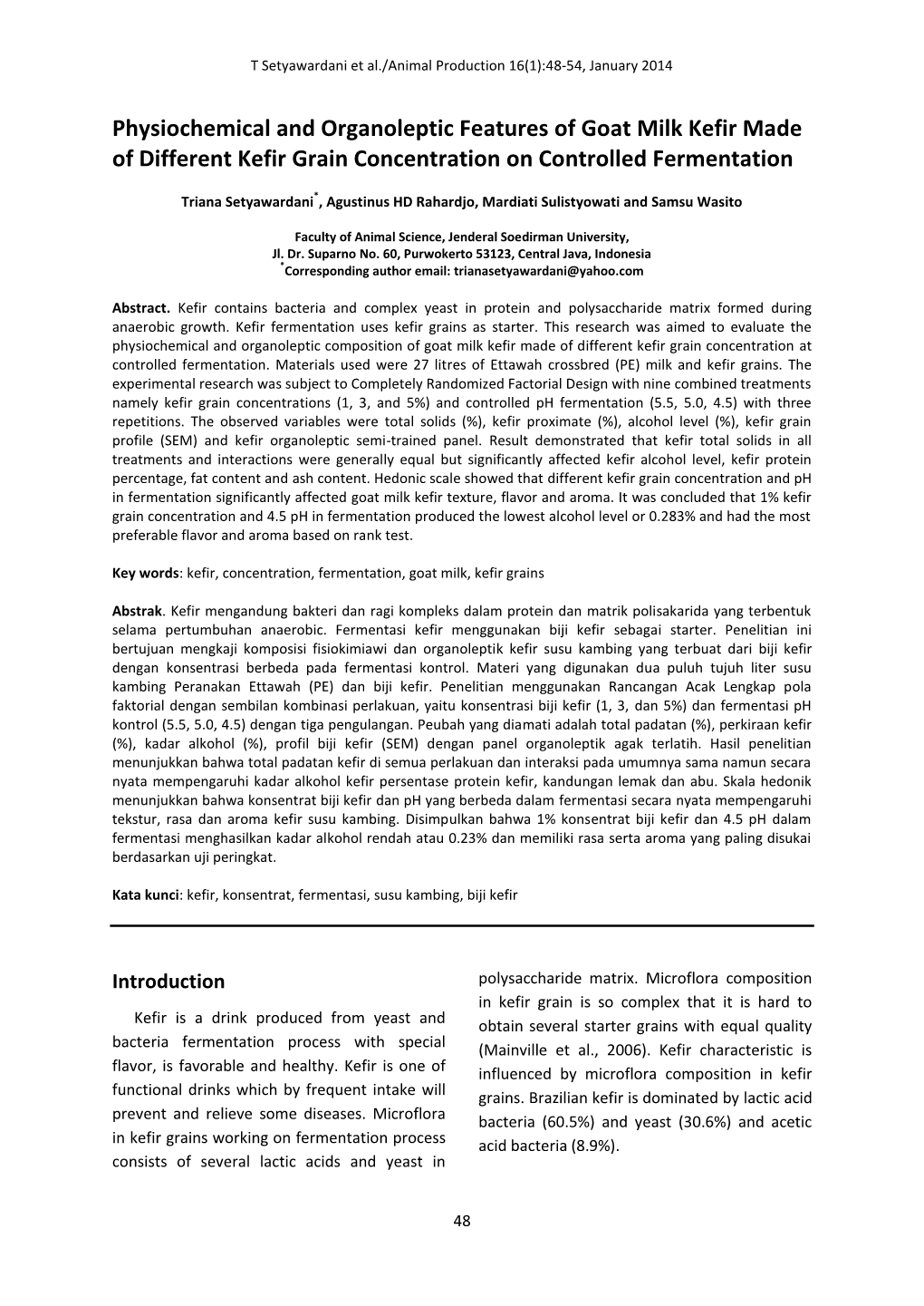 Physiochemical and Organoleptic Features of Goat Milk Kefir Made of Different Kefir Grain Concentration on Controlled Fermentation