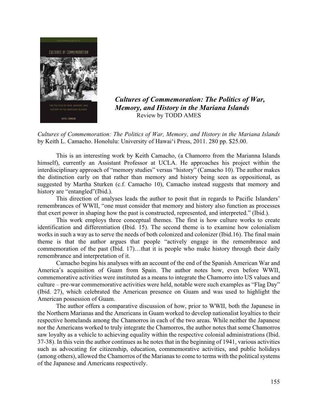 Cultures of Commemoration: the Politics of War, Memory, and History in the Mariana Islands Review by TODD AMES