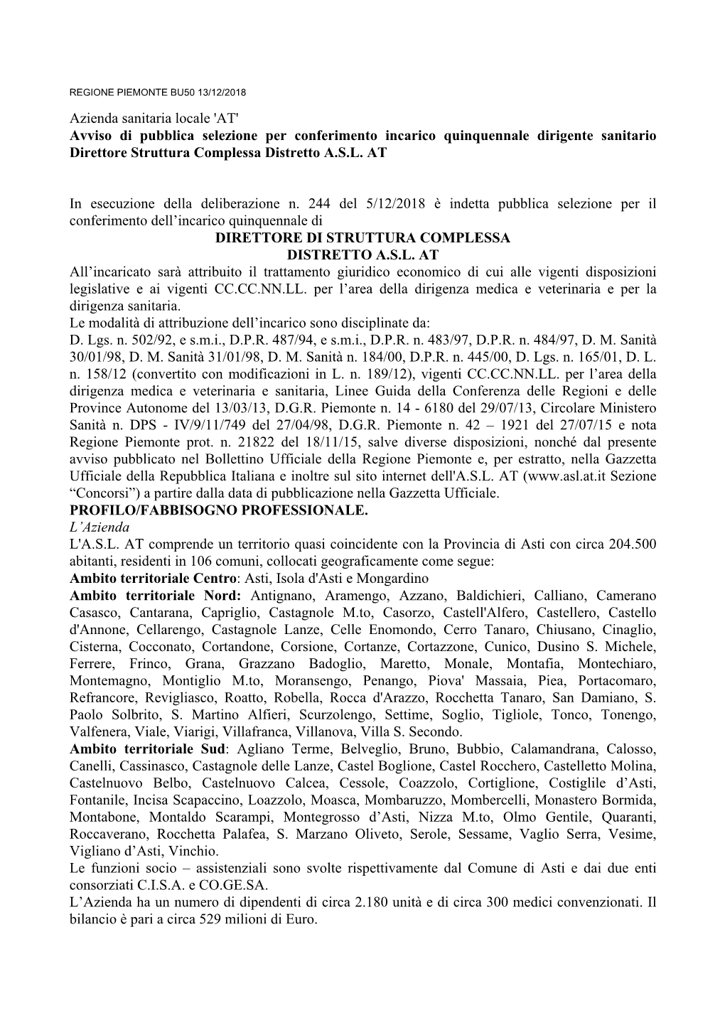 Azienda Sanitaria Locale 'AT' Avviso Di Pubblica Selezione Per Conferimento Incarico Quinquennale Dirigente Sanitario Direttore Struttura Complessa Distretto A.S.L