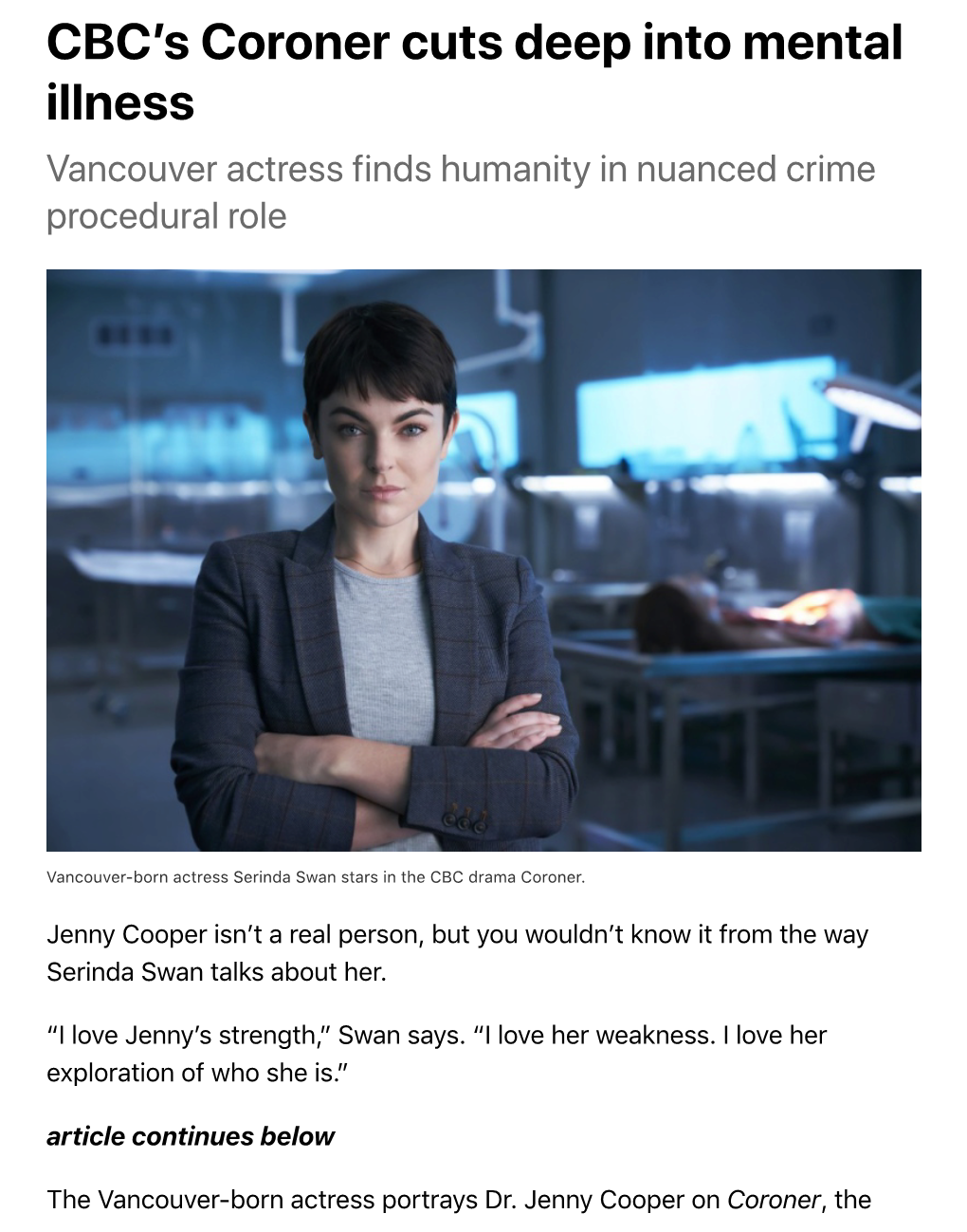 Coroner Cuts Deep Into Mental Illness Vancouver Actress Finds Humanity in Nuanced Crime Procedural Role