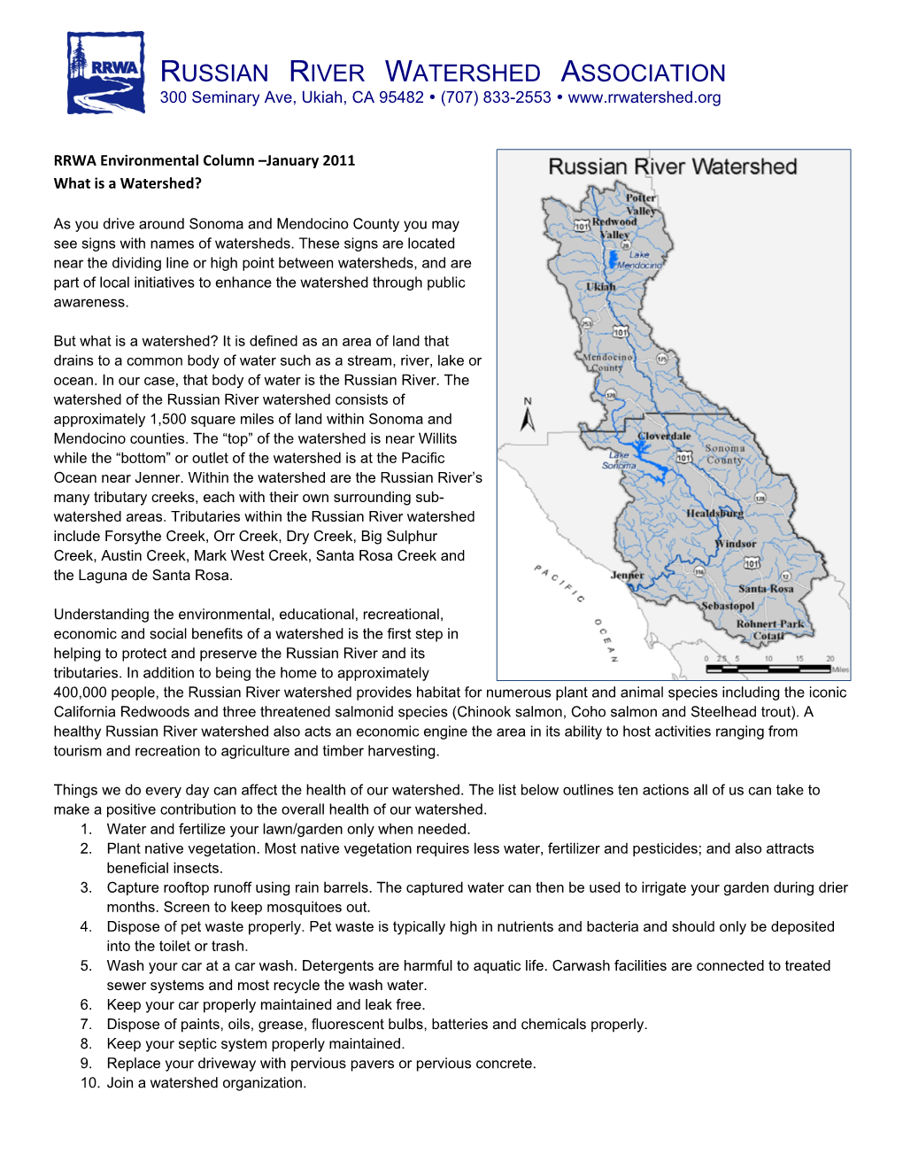 RRWA Environmental Column –January 2011 What Is a Watershed?