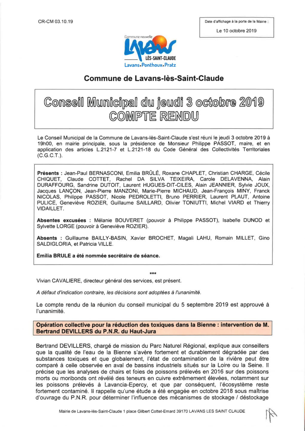 Conseil Municipal Du 03 Octobre 2019