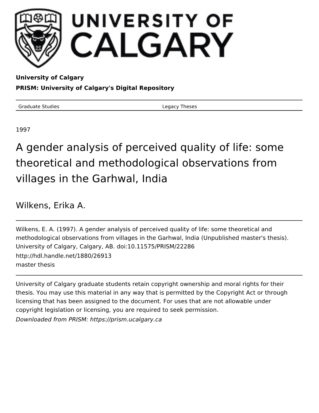 A Gender Analysis of Perceived Quality of Life: Some Theoretical and Methodological Observations from Villages in the Garhwal, India