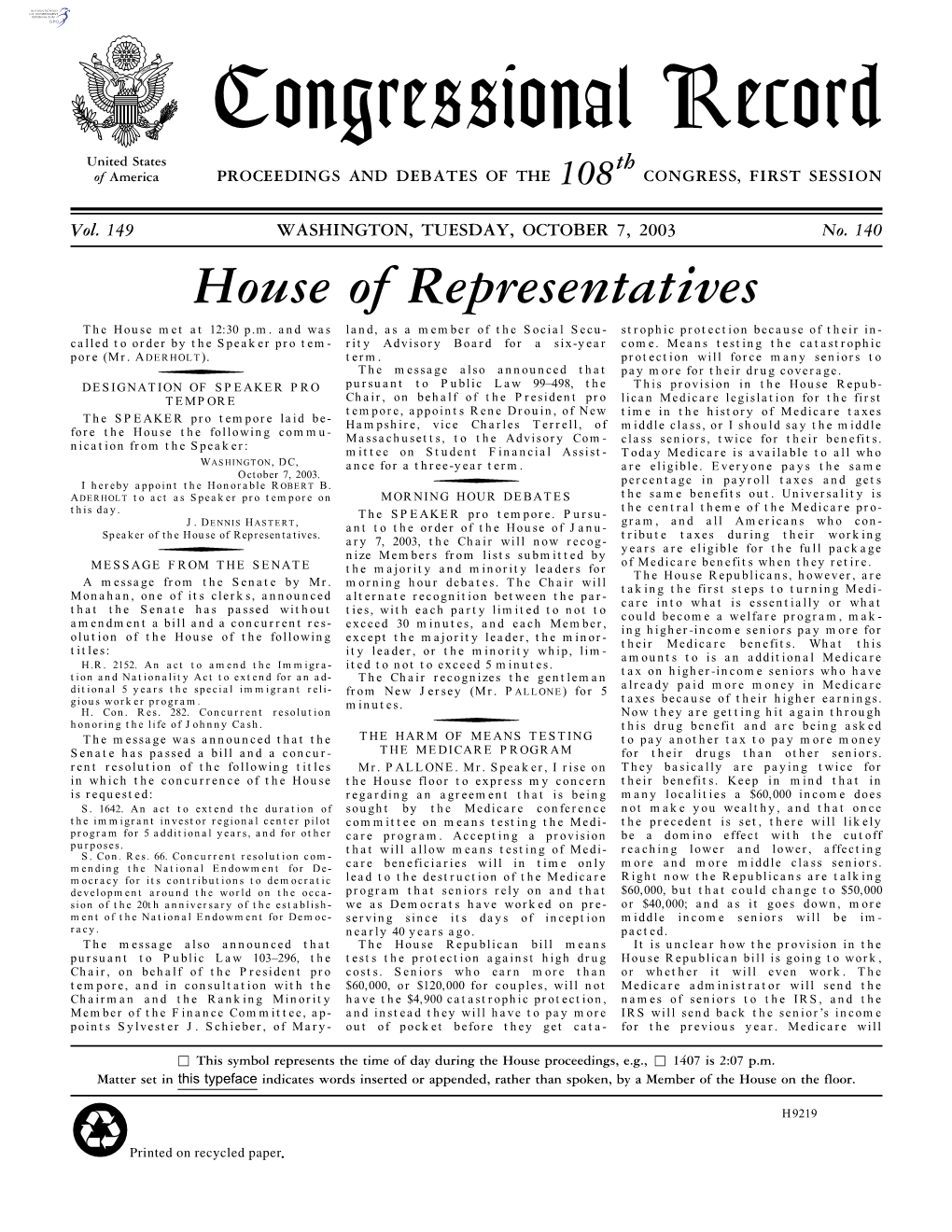 Congressional Record United States Th of America PROCEEDINGS and DEBATES of the 108 CONGRESS, FIRST SESSION