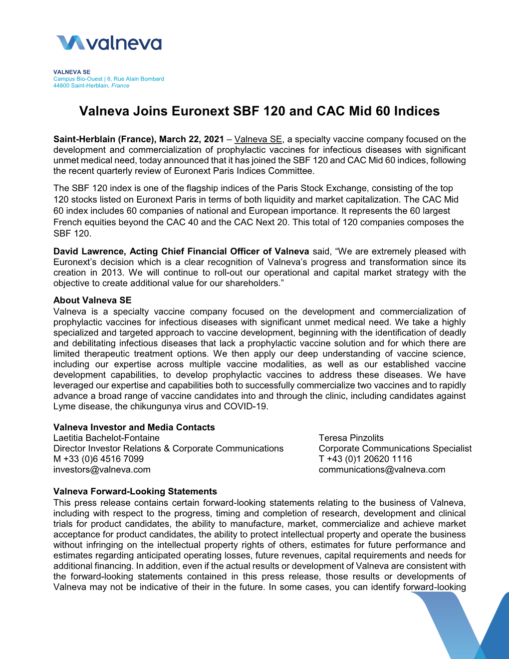 Valneva Joins Euronext SBF 120 and CAC Mid 60 Indices