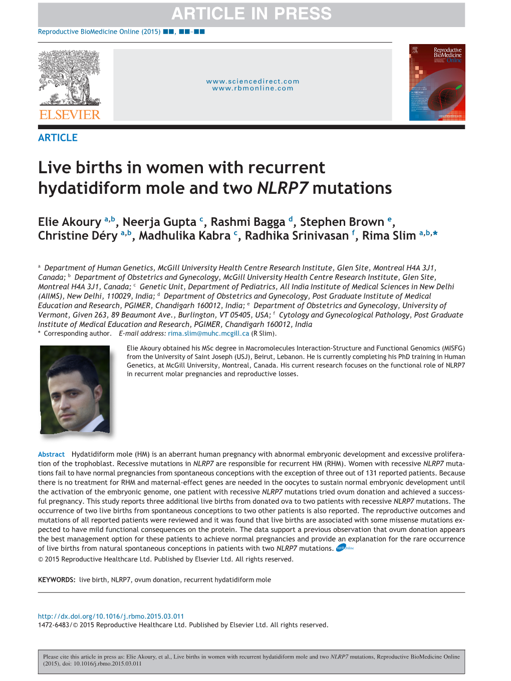 Live Births in Women with Recurrent Hydatidiform Mole and Two NLRP7 Mutations