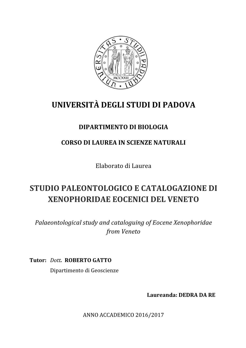 Studio Paleontologico E Catalogazione Di Xenophoridae Eocenici Del Veneto
