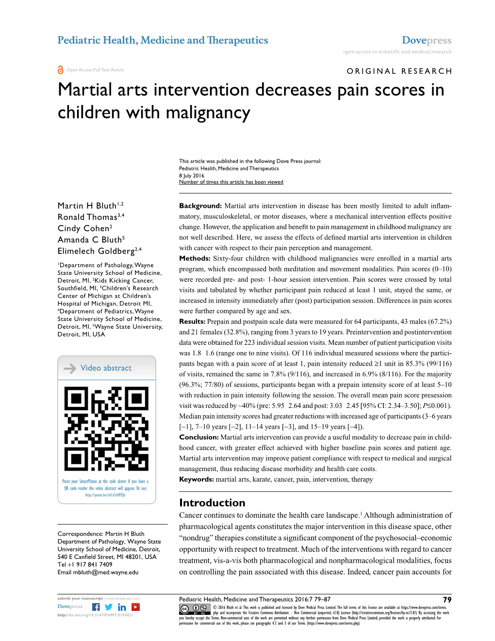 Martial Arts Intervention Decreases Pain Scores in Children with Malignancy