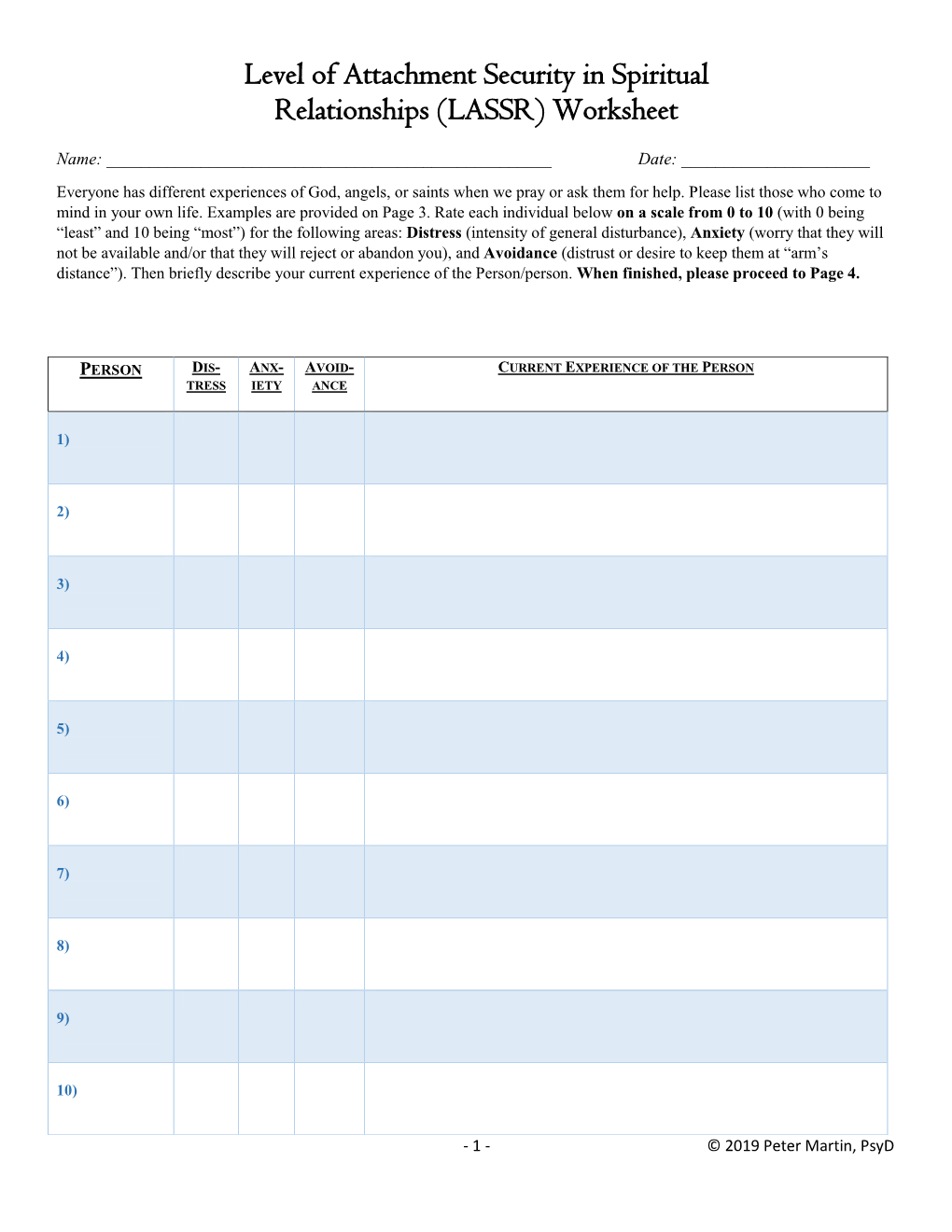 Level of Attachment Security in Spiritual Relationships (LASSR) Worksheet