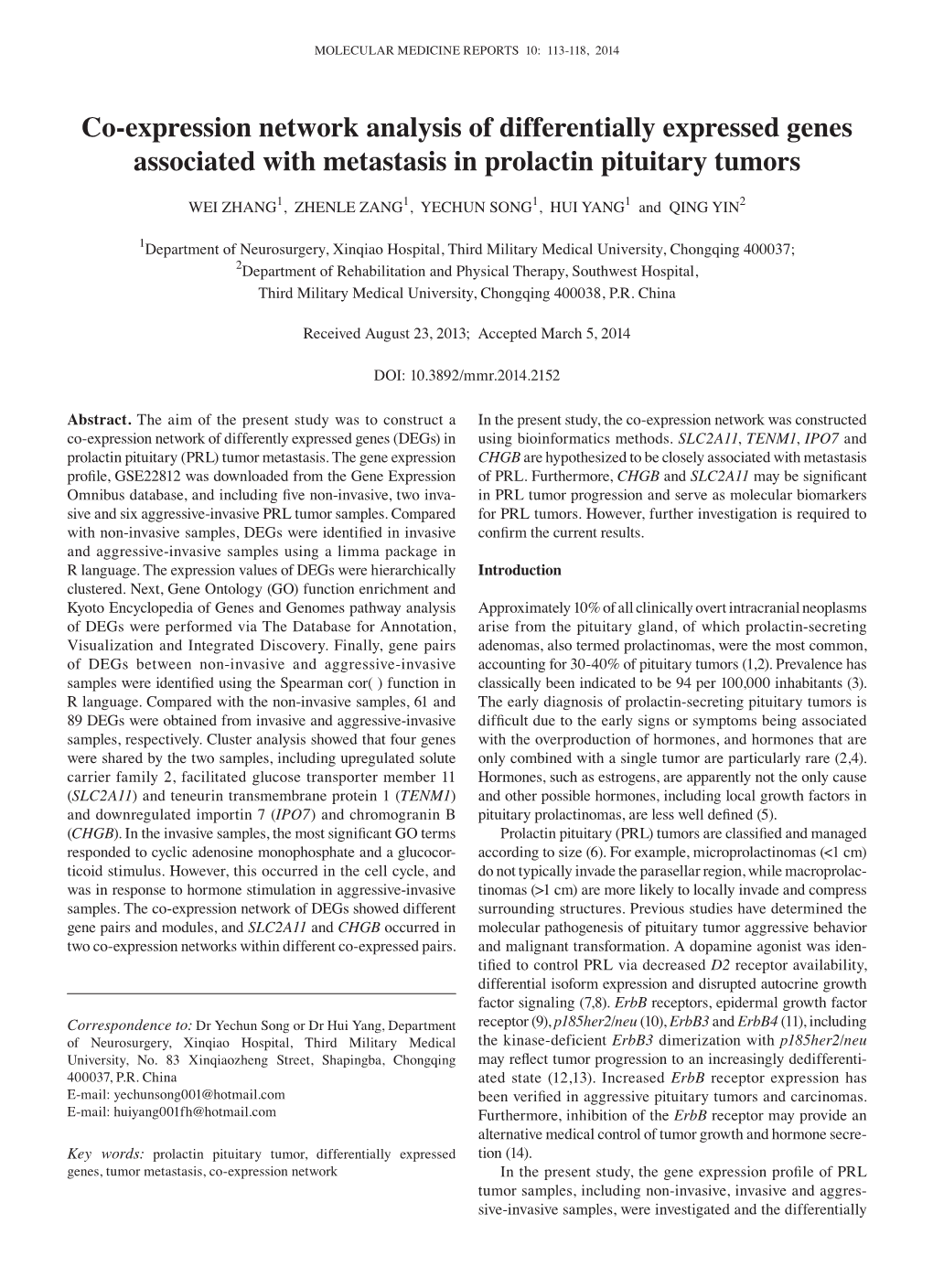 Co‑Expression Network Analysis of Differentially Expressed Genes Associated with Metastasis in Prolactin Pituitary Tumors