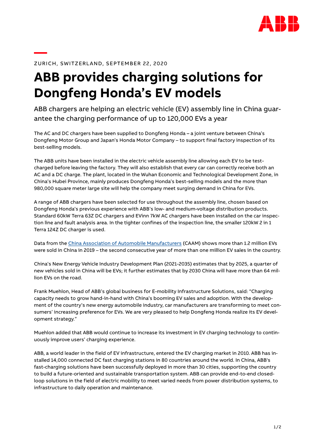ABB Provides Charging Solutions for Dongfeng Honda's EV Models